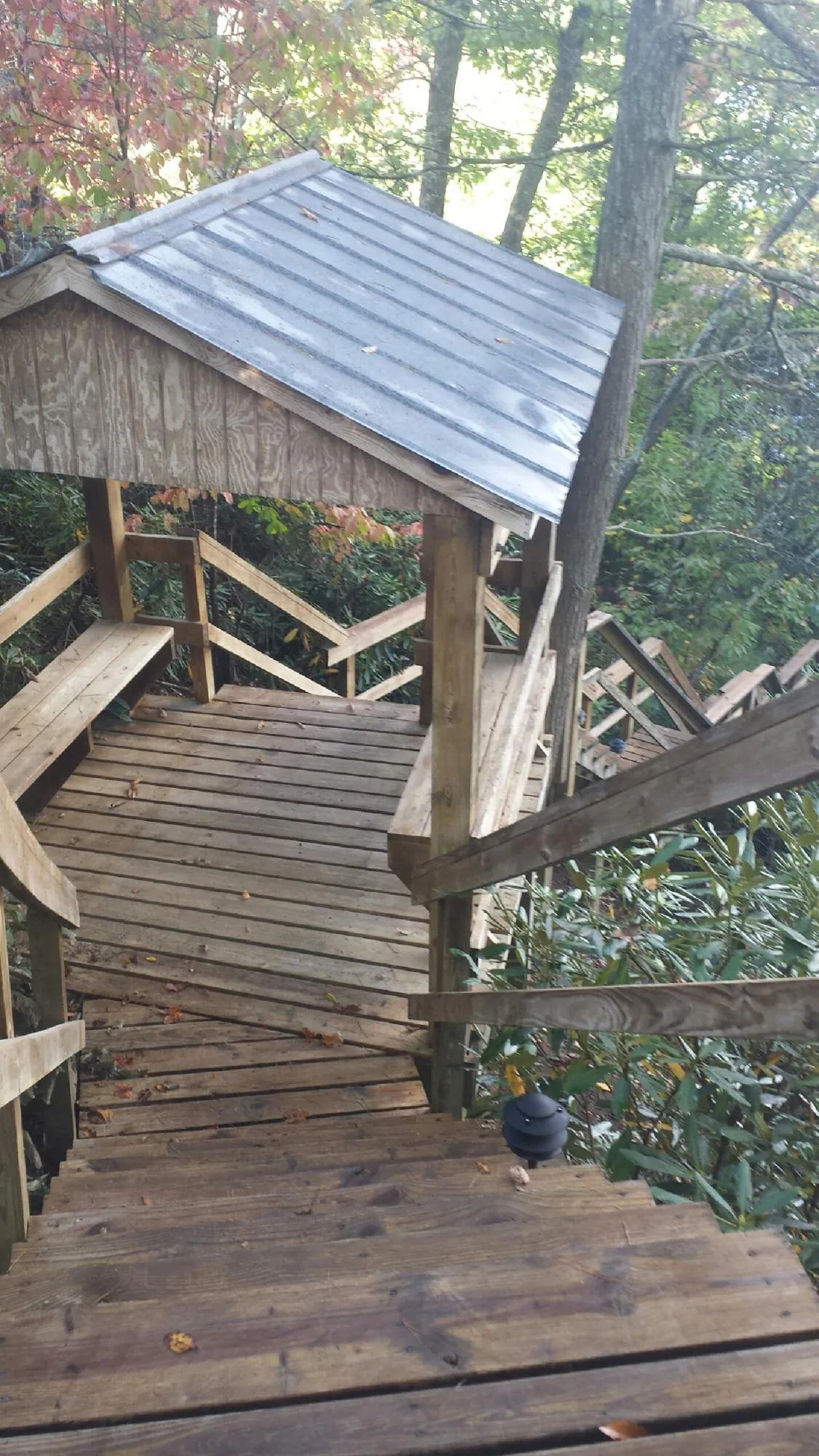 Metal roofed shelter over wooden steps on a wooded walkway — Skylight Repair & Installation work by our crew in La Rose